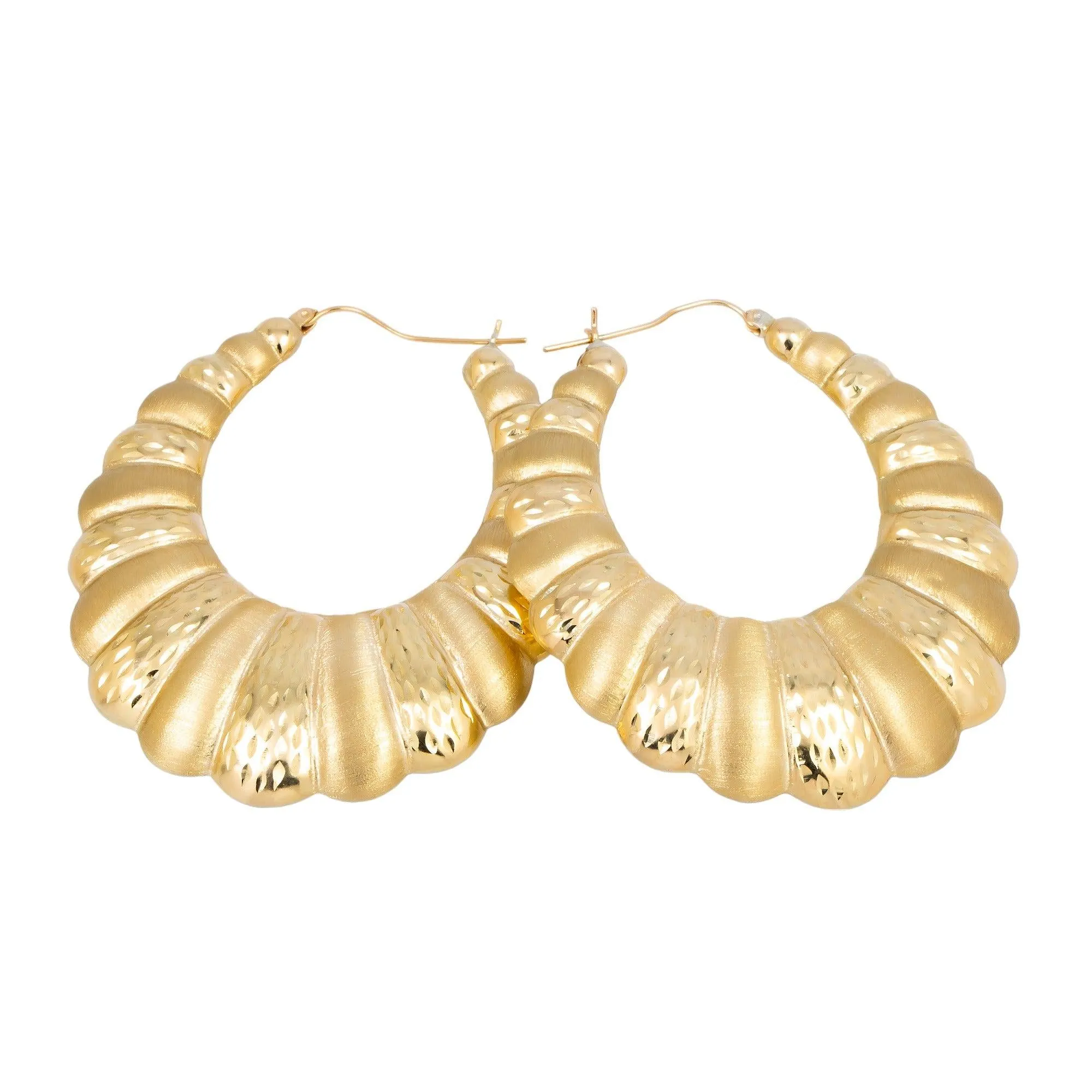 10K GOLD LADIES ROUND TEXTURED DROP SHAPED HOOP EARRINGS