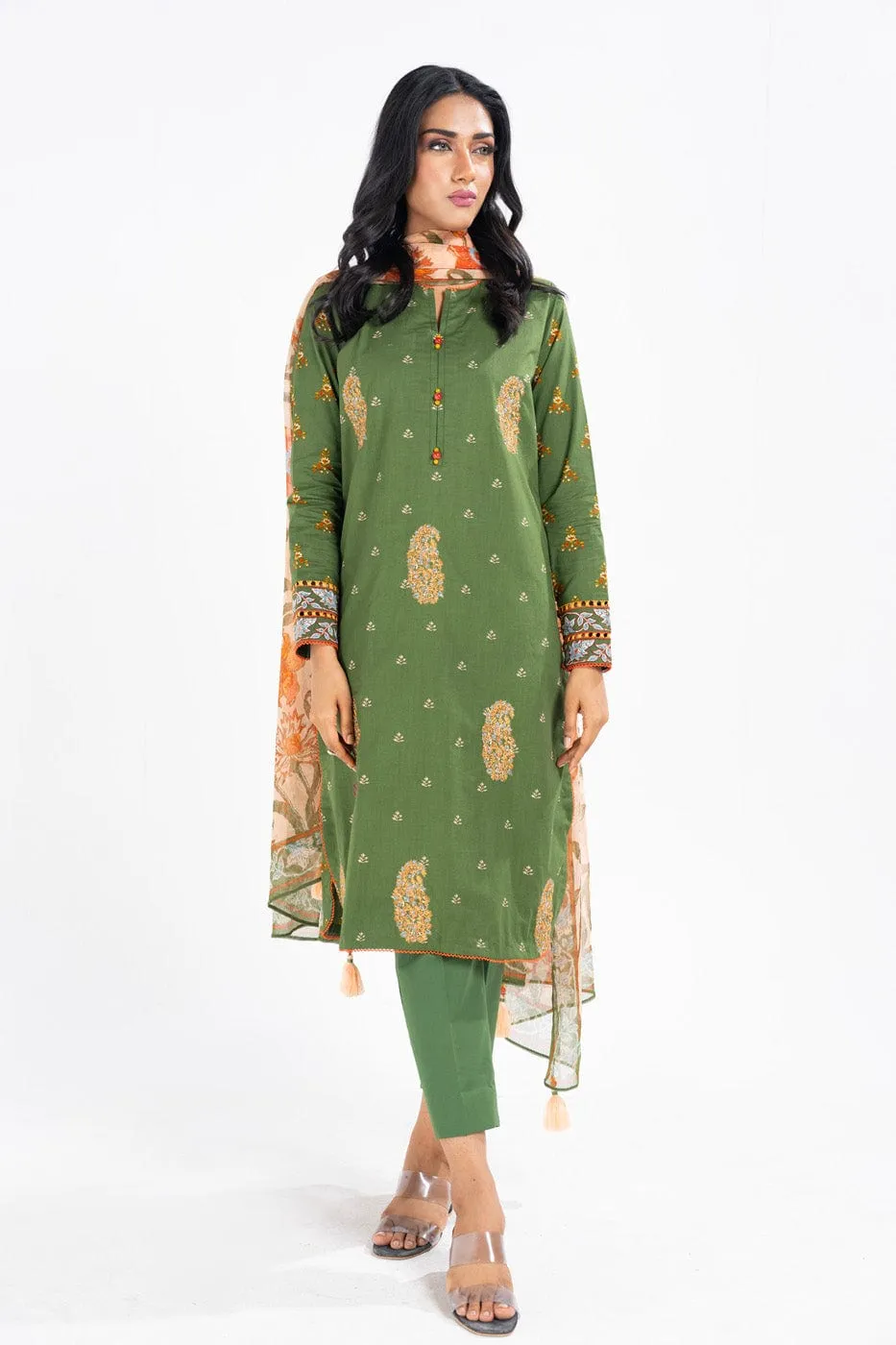 3 Pc Embroidered Lawn Suit With Poly Chiffon Dupatta