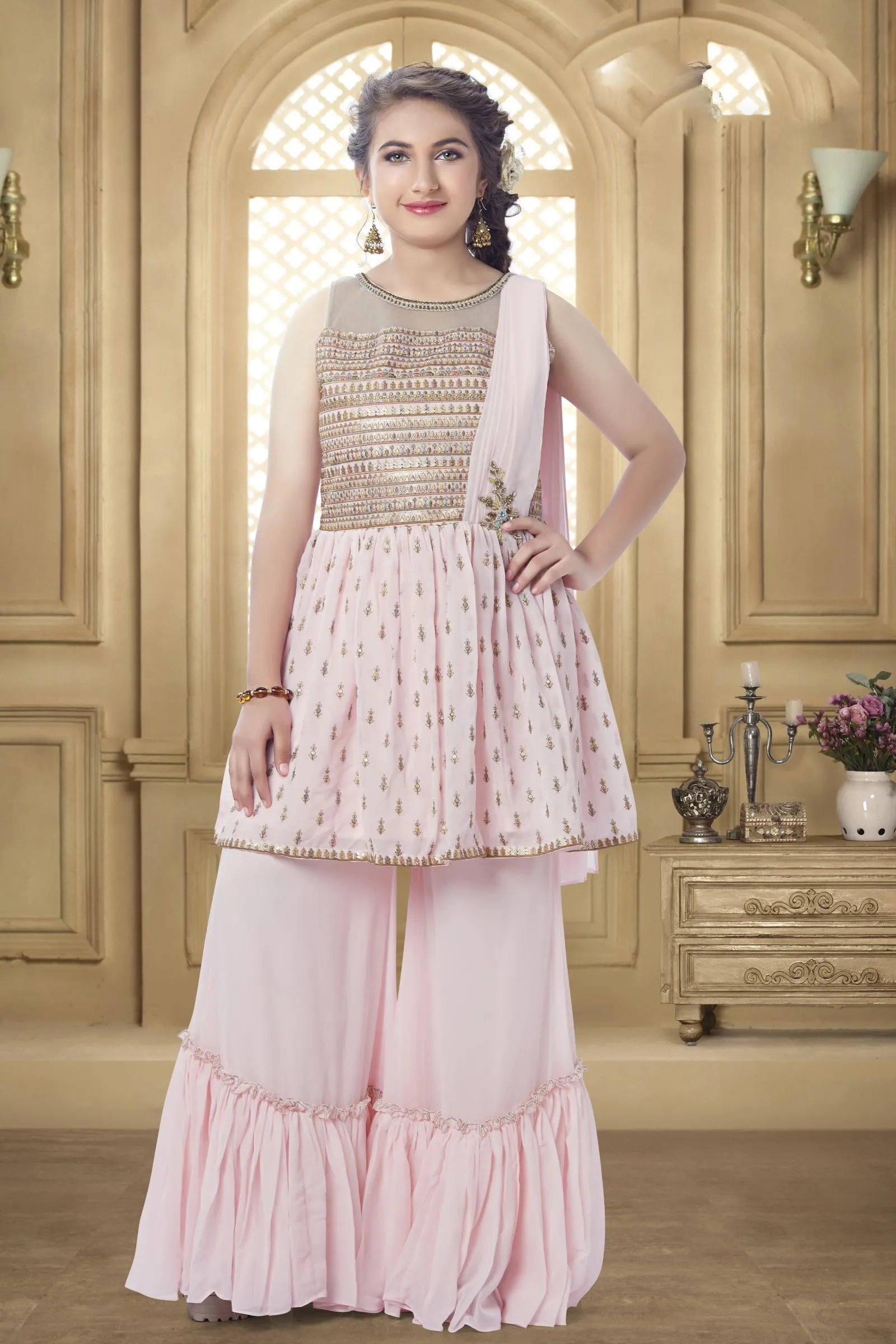 Baby Pink Multicolor Thread and Sequins work Gharara Set for Girls