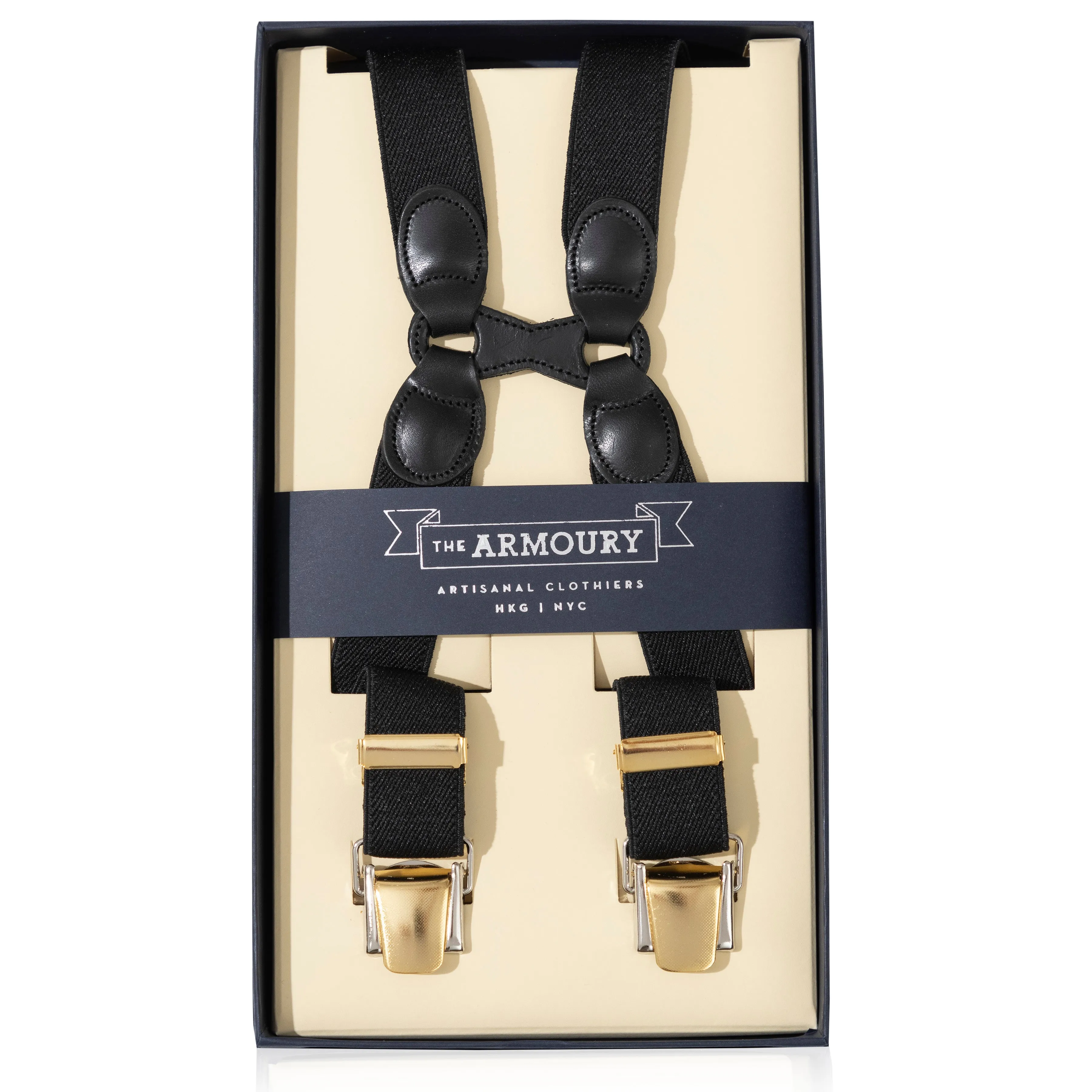 Black Leather/Gold Clip Braces - Black