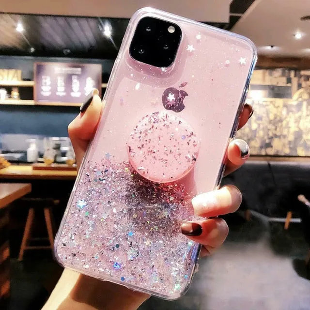 Bling Glitter Case For iPhone 11 Pro Max 11 Pro 11 XS XR X XS Max 6s 6 7 8  PlusSlim Case With Stand Holder Phone Cases Socket