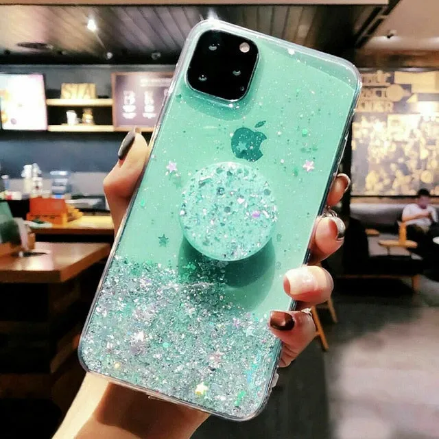 Bling Glitter Case For iPhone 11 Pro Max 11 Pro 11 XS XR X XS Max 6s 6 7 8  PlusSlim Case With Stand Holder Phone Cases Socket