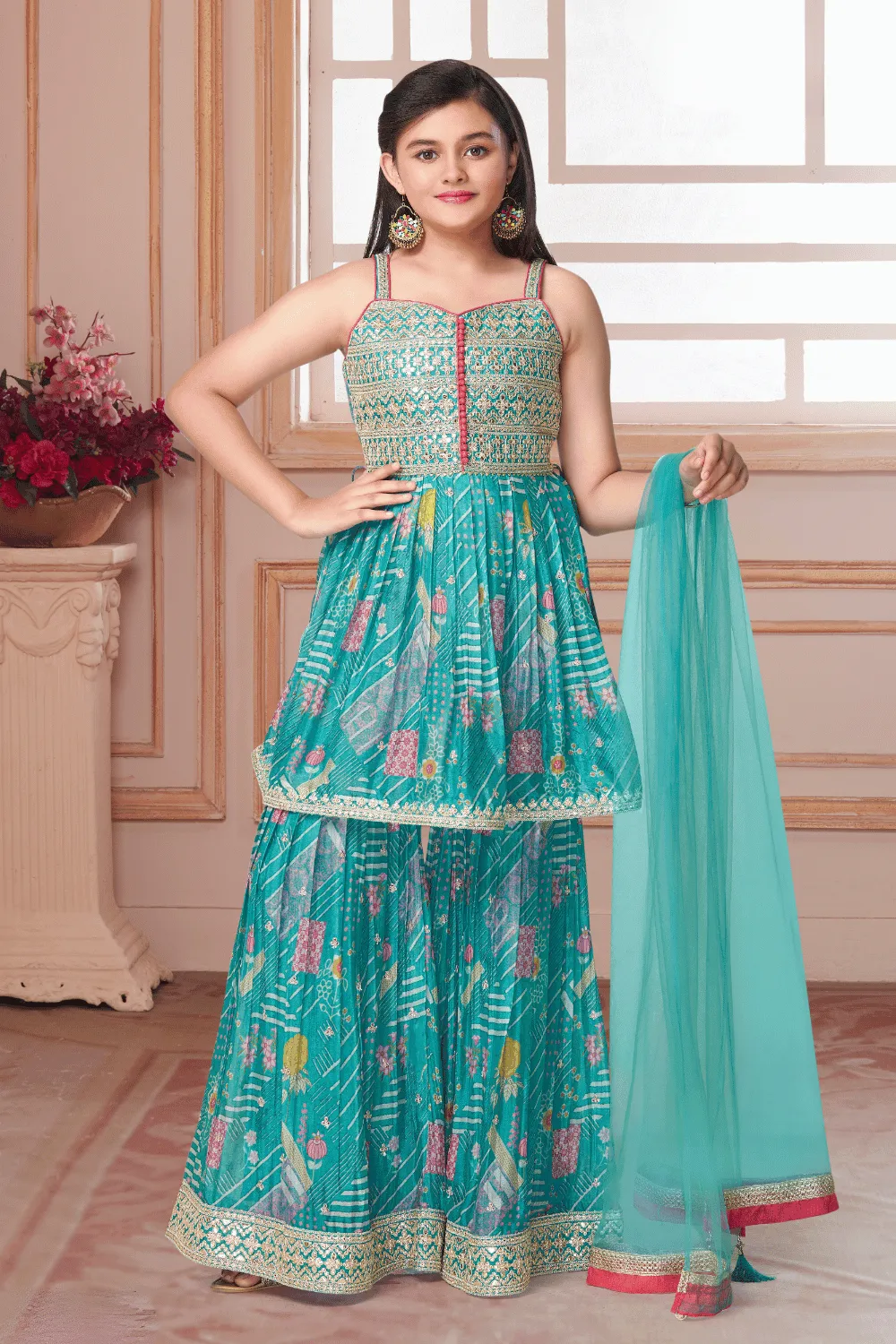 Blue Digital Print, Sequins and Zari work Peplum Top and Sharara Set for Girls