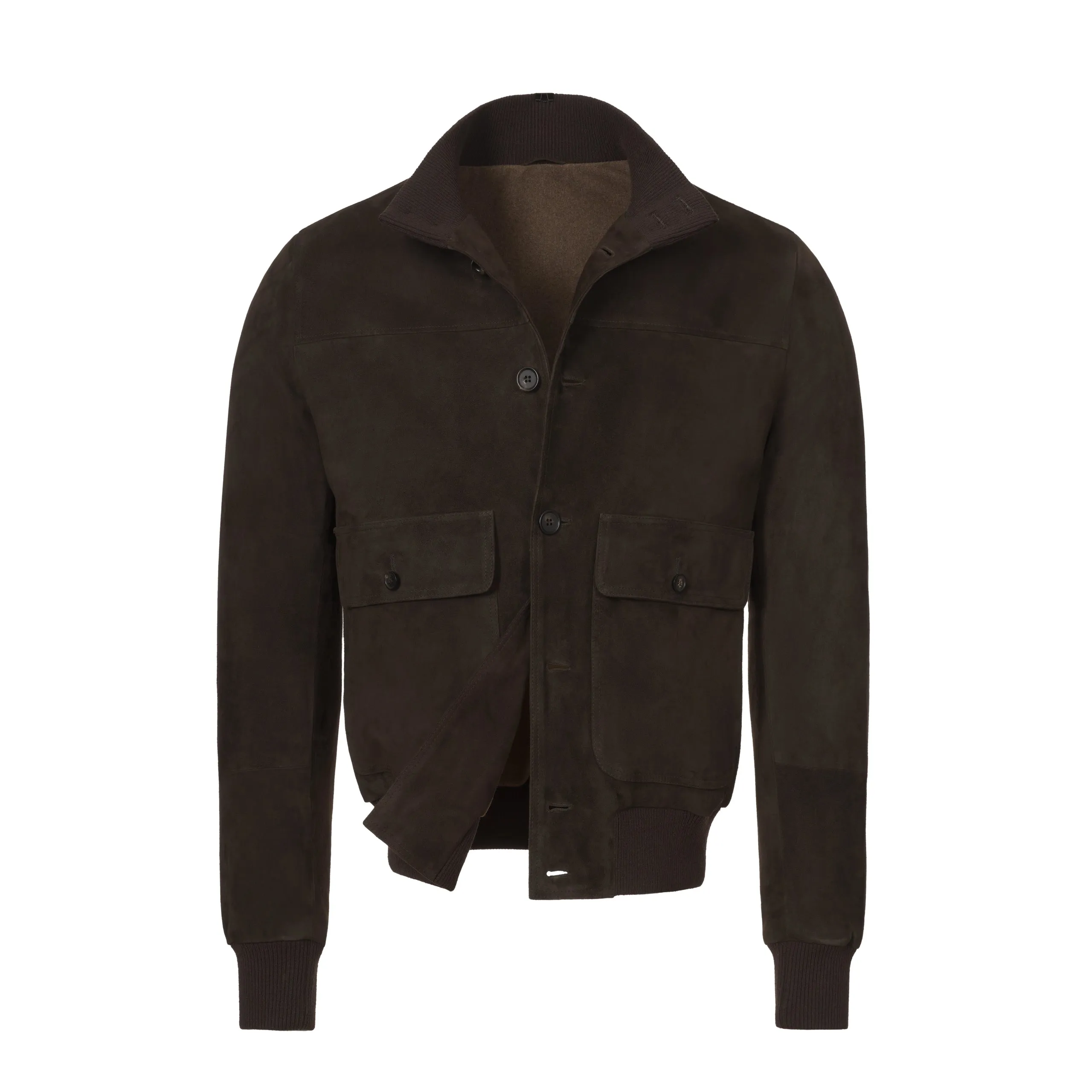 Button-Up Suede Bomber Jacket in Dark Brown