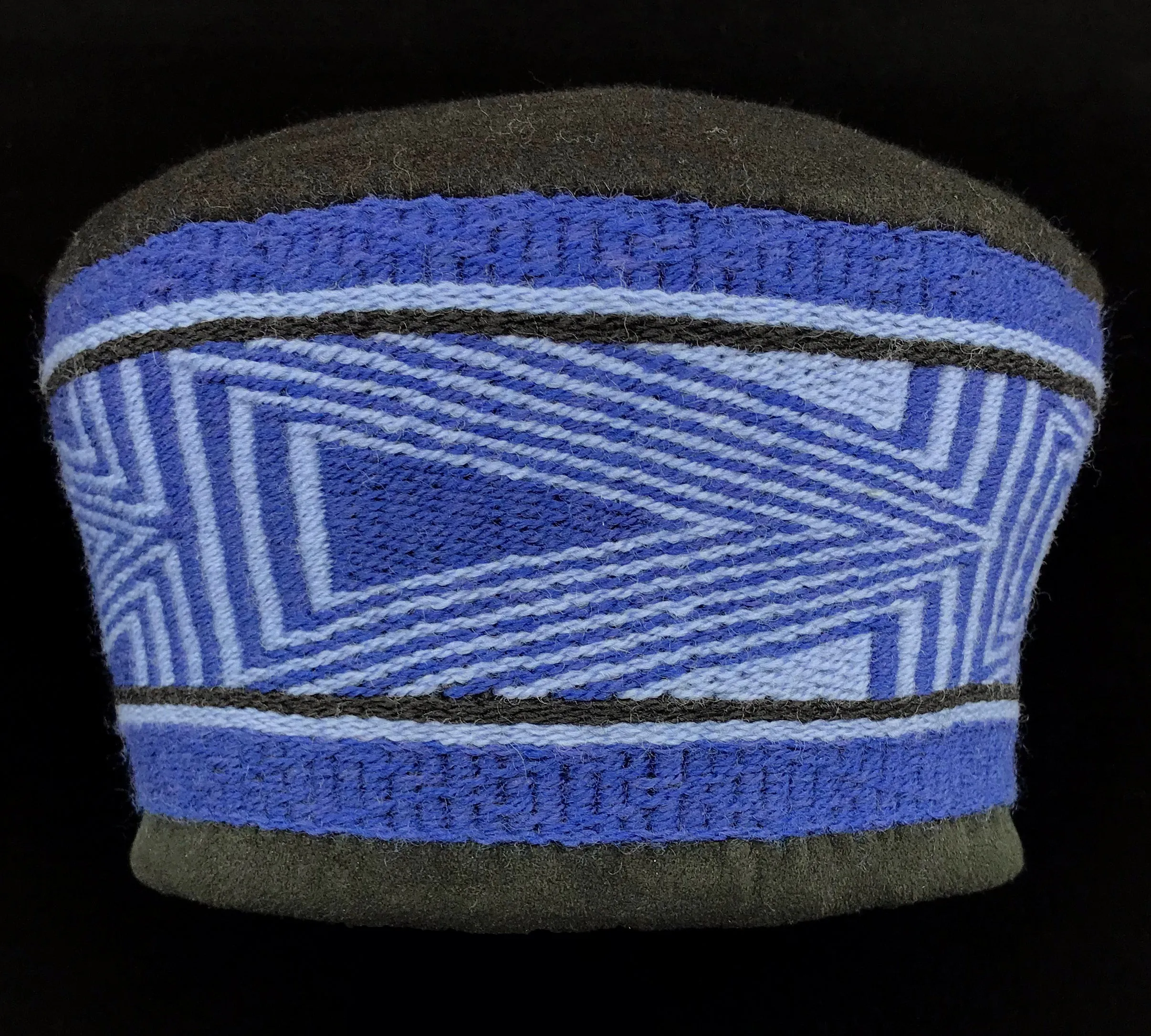 (C) Hat - Parker;  Woven Merino Wool, Blue & Black Patterns, Merino Wool