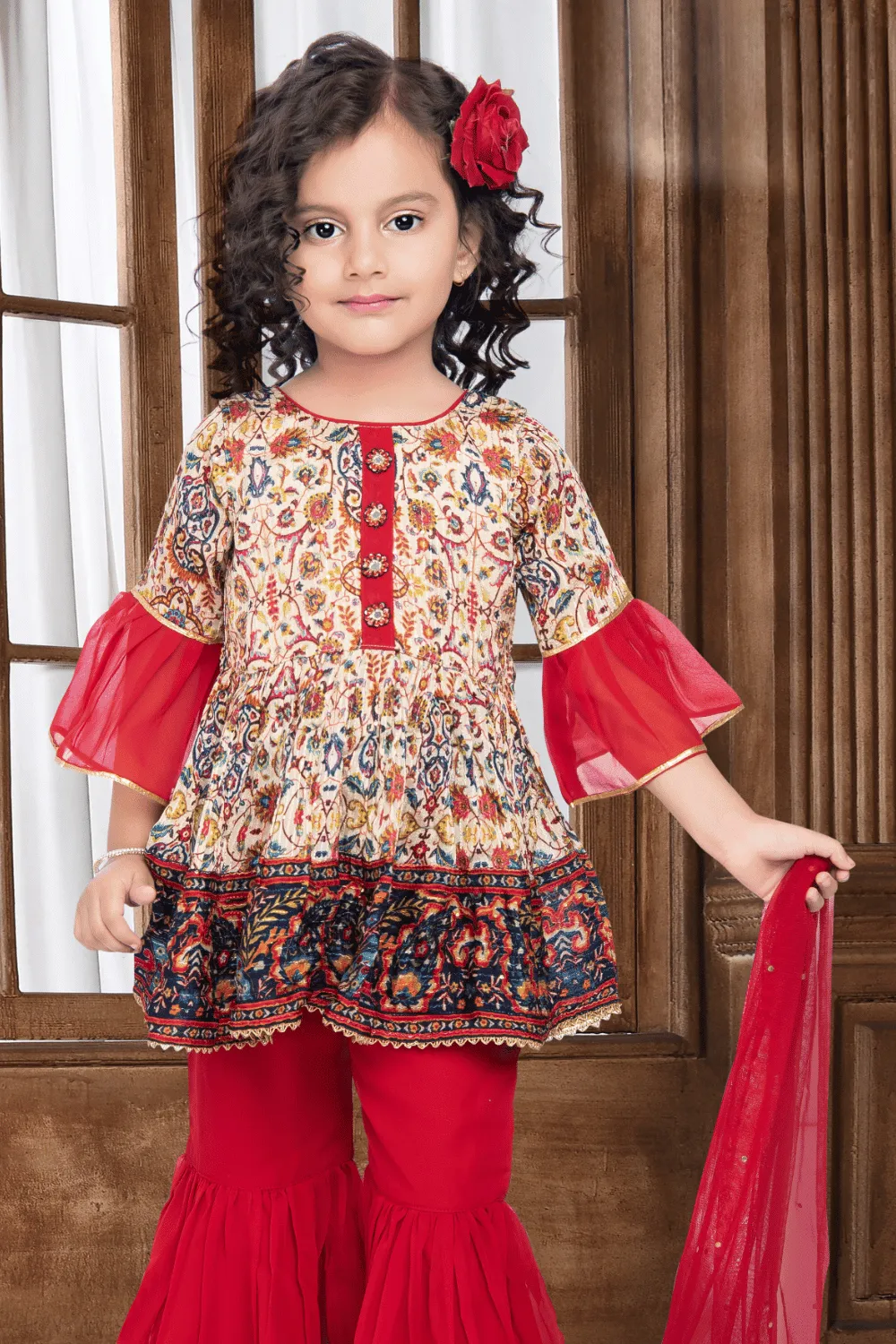 Cream with Red Digital Print, Sequins and Thread work Peplum Style Sharara Suit Set for Girls