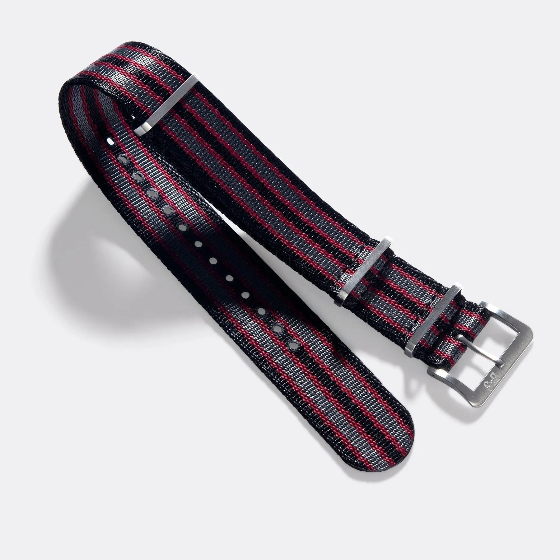 Deluxe Nylon Single Pass Watch Strap Black Two Stripes Grey Bordeaux Stripe