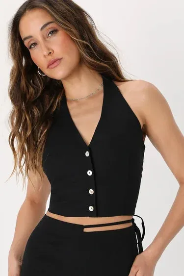 EXCEPTIONAL ENERGY BLACK SINGLE JERSEY BUTTON-UP HALTER TOP AND BOTTOM