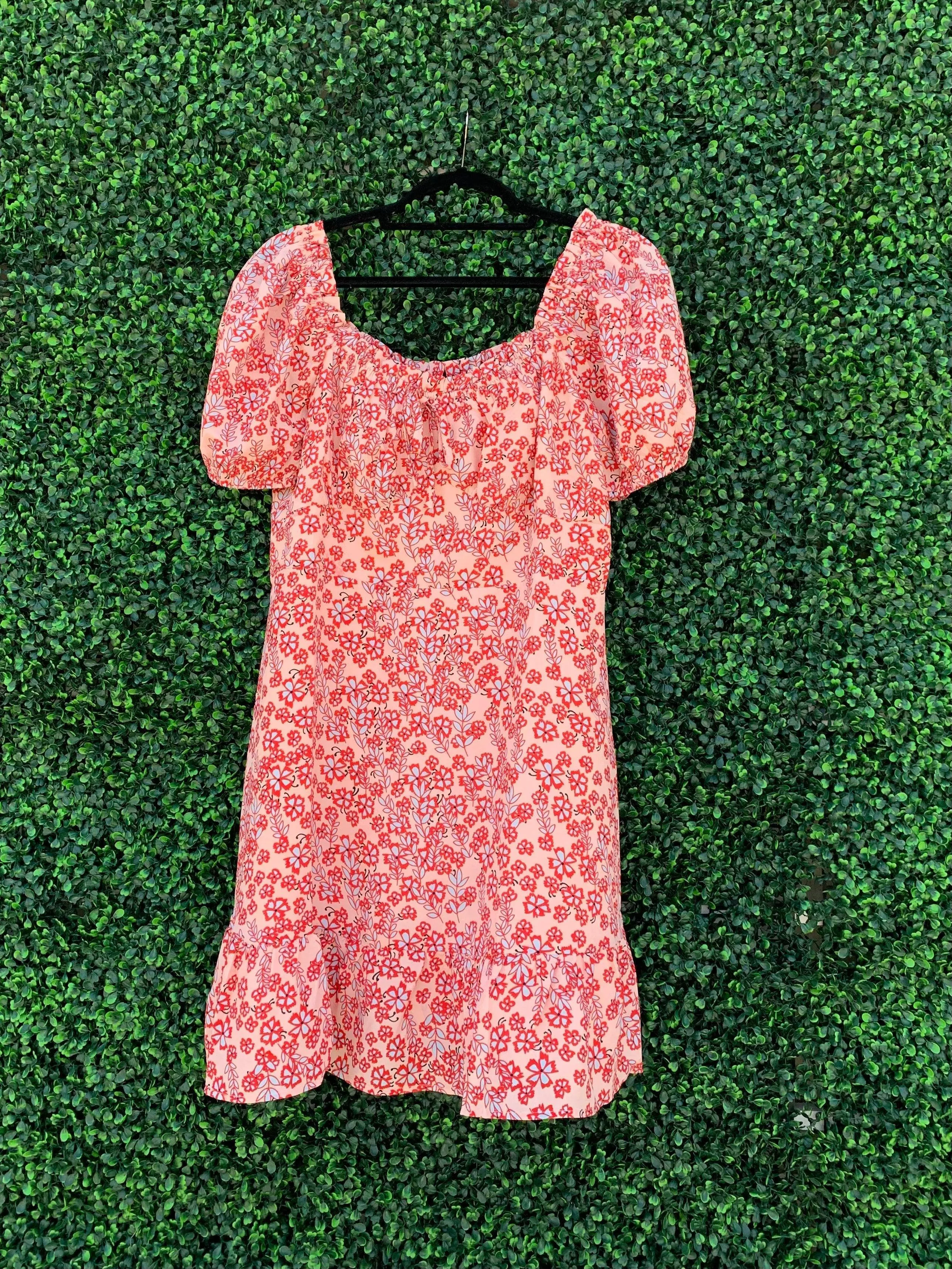 Floral Elastic Neckline Dress