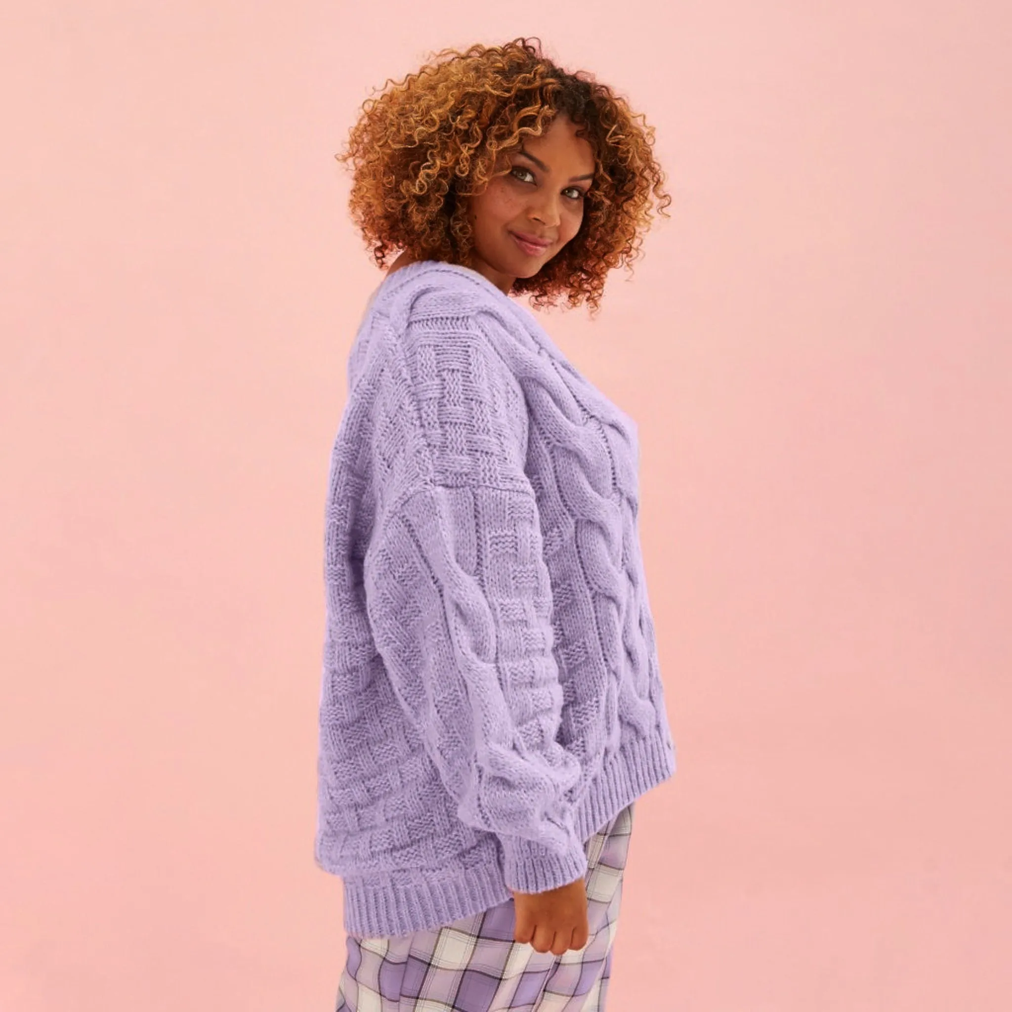 Gemma Basket Stitch Balloon Sleeve Chunky Knit Cardigan - Lilac