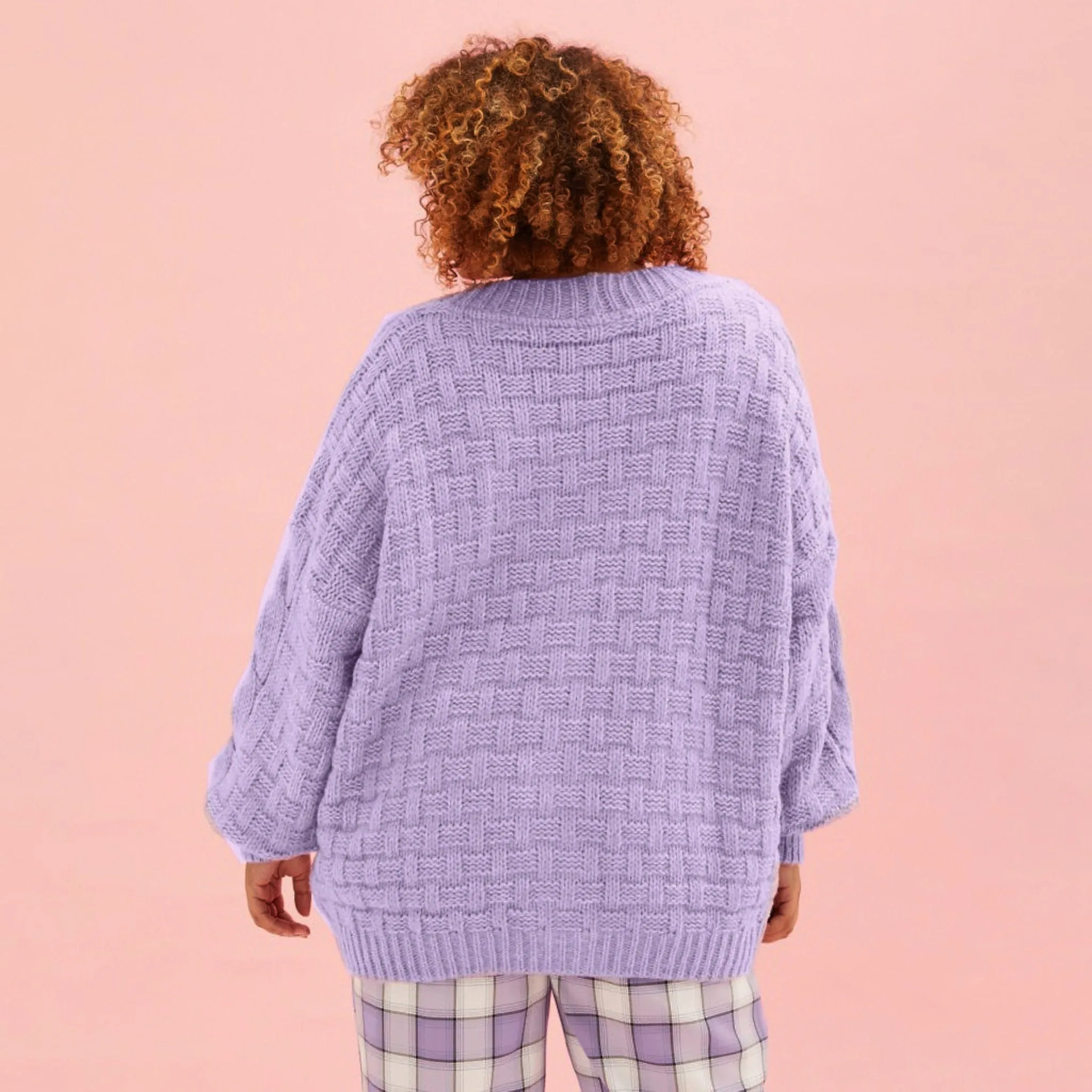 Gemma Basket Stitch Balloon Sleeve Chunky Knit Cardigan - Lilac