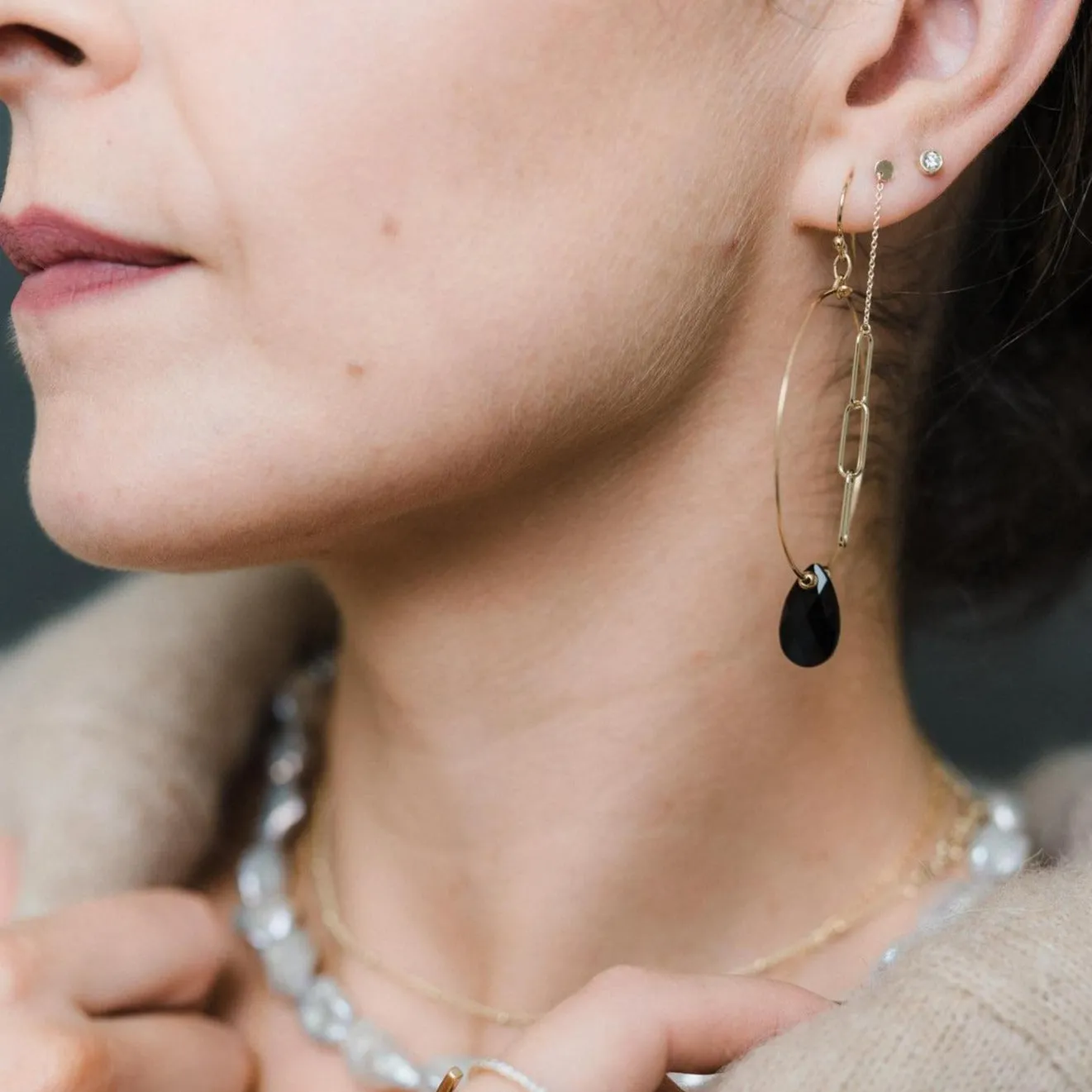 Gold Filled Black Teardrop Crystal Hoop Earrings