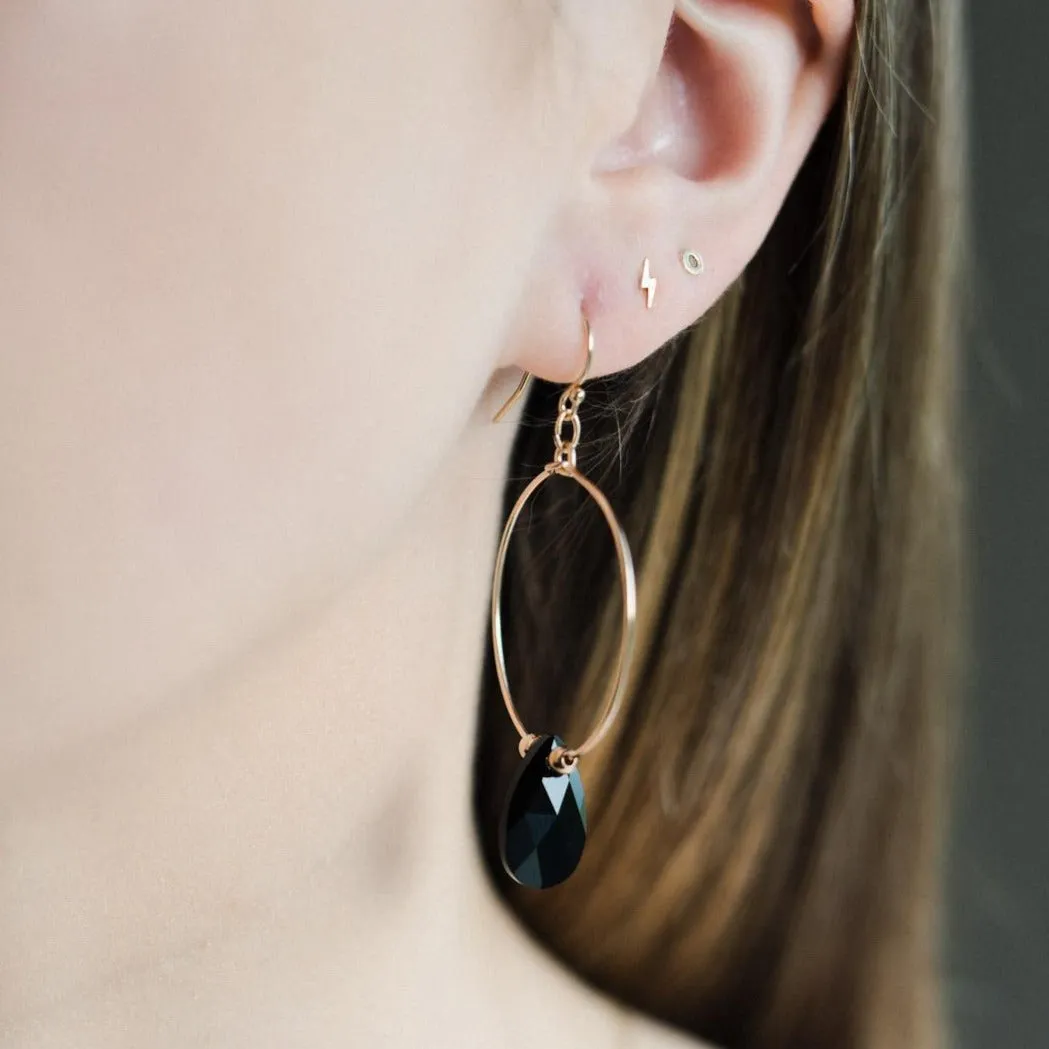 Gold Filled Black Teardrop Crystal Hoop Earrings