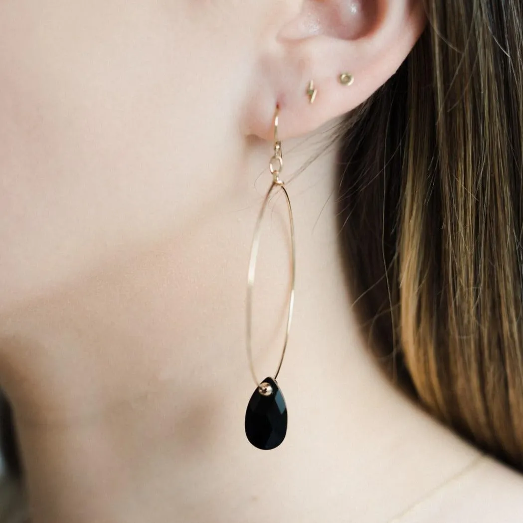 Gold Filled Black Teardrop Crystal Hoop Earrings