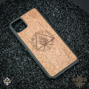 Google Pixel 4 XL case with wood finishing and Behemoth 'The Unholy Trinity' logo