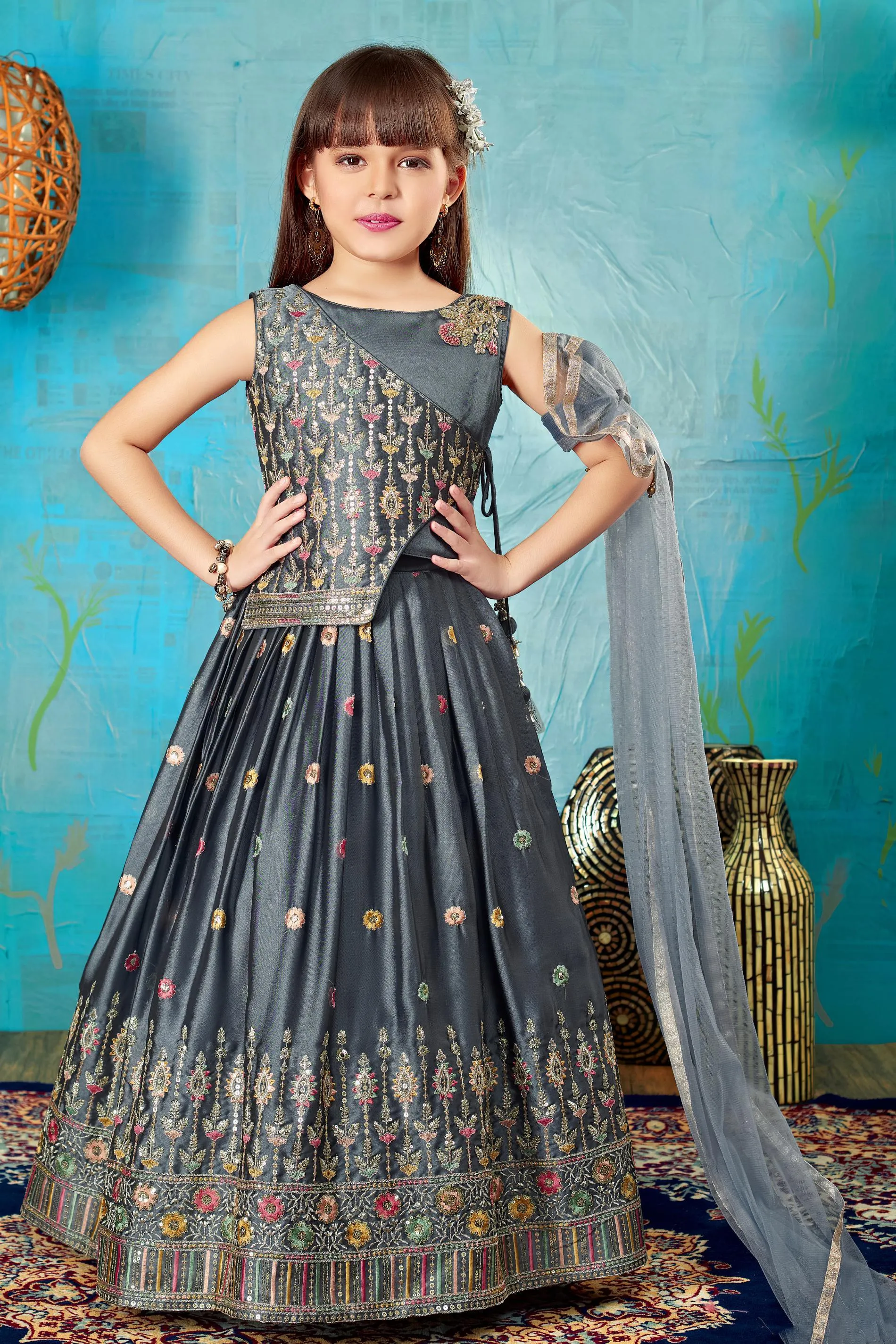 Grey Sequins, Zari and Thread work Lehenga Choli for Girls