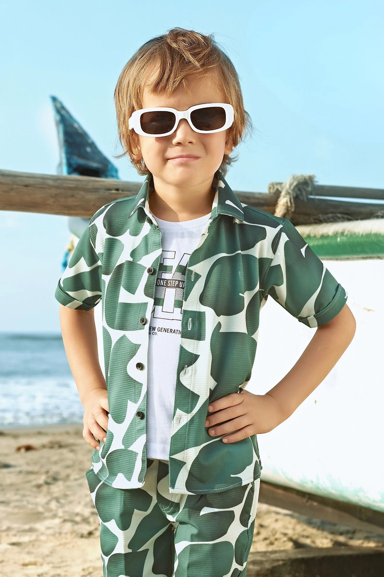 Half White with Green Printed Co-ord Set for Boys