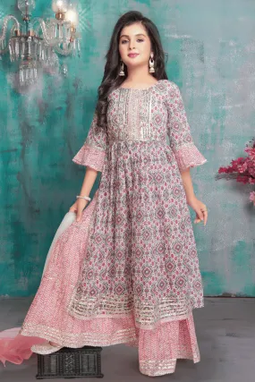 Half White with Pink Digital Print for Girls Sharara Suit Set