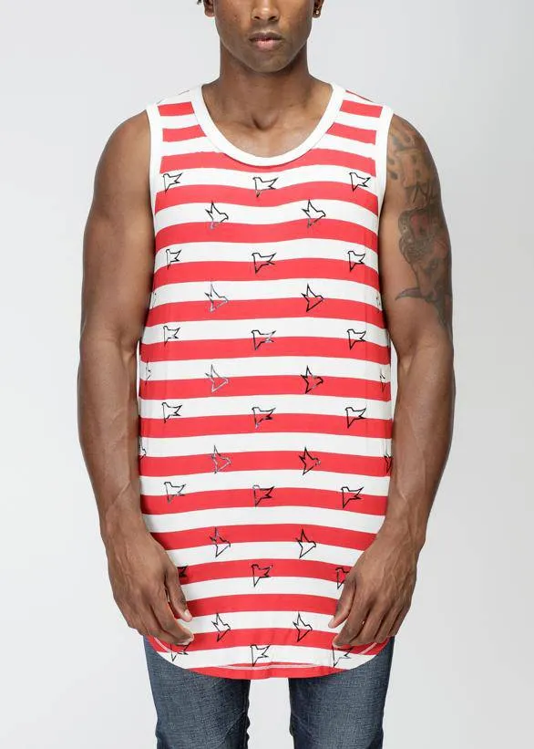 Konus Men's Bird Print Stripe Tanktop in Red