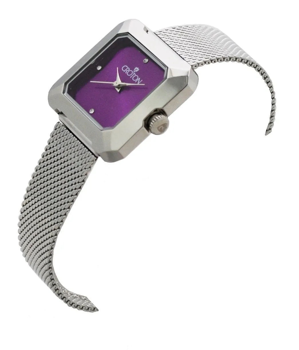 Ladies All Stainless Steel Silvertone Mesh Bracelet Watch with Purple Dial