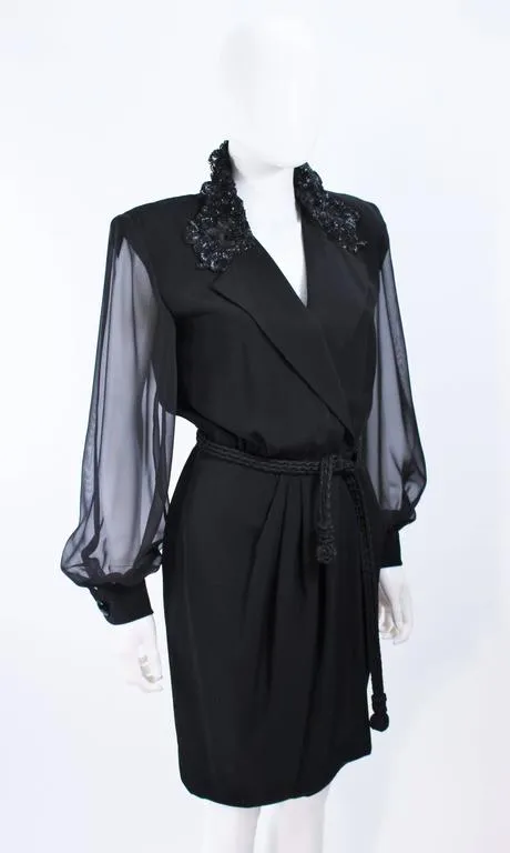 LIAN CARLO Black Sequin Chiffon Sheer Sleeve Cocktail Dress Size 8