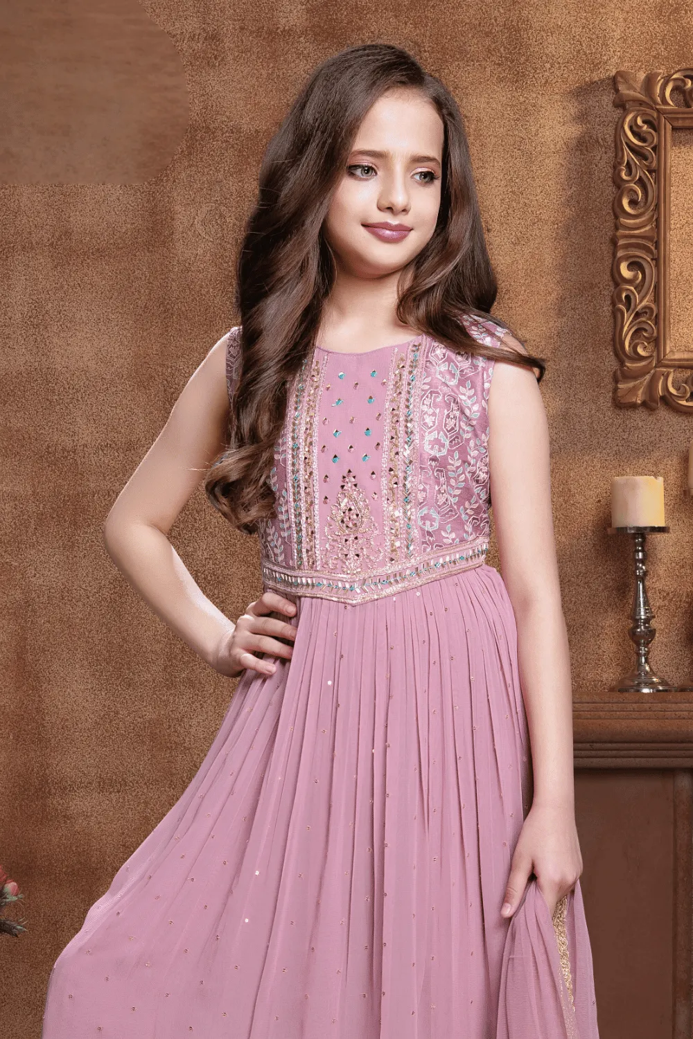 Lilac Mirror, Sequins, Thread and Beads work Palazzo Suit Set for Girls