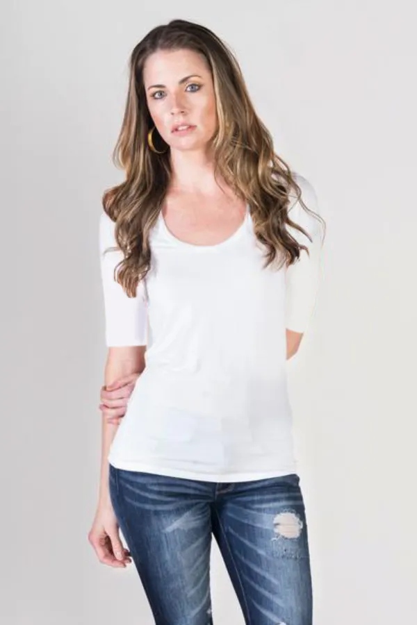 Majestic Elbow Sleeve Scoop Neck Tee in Blanc