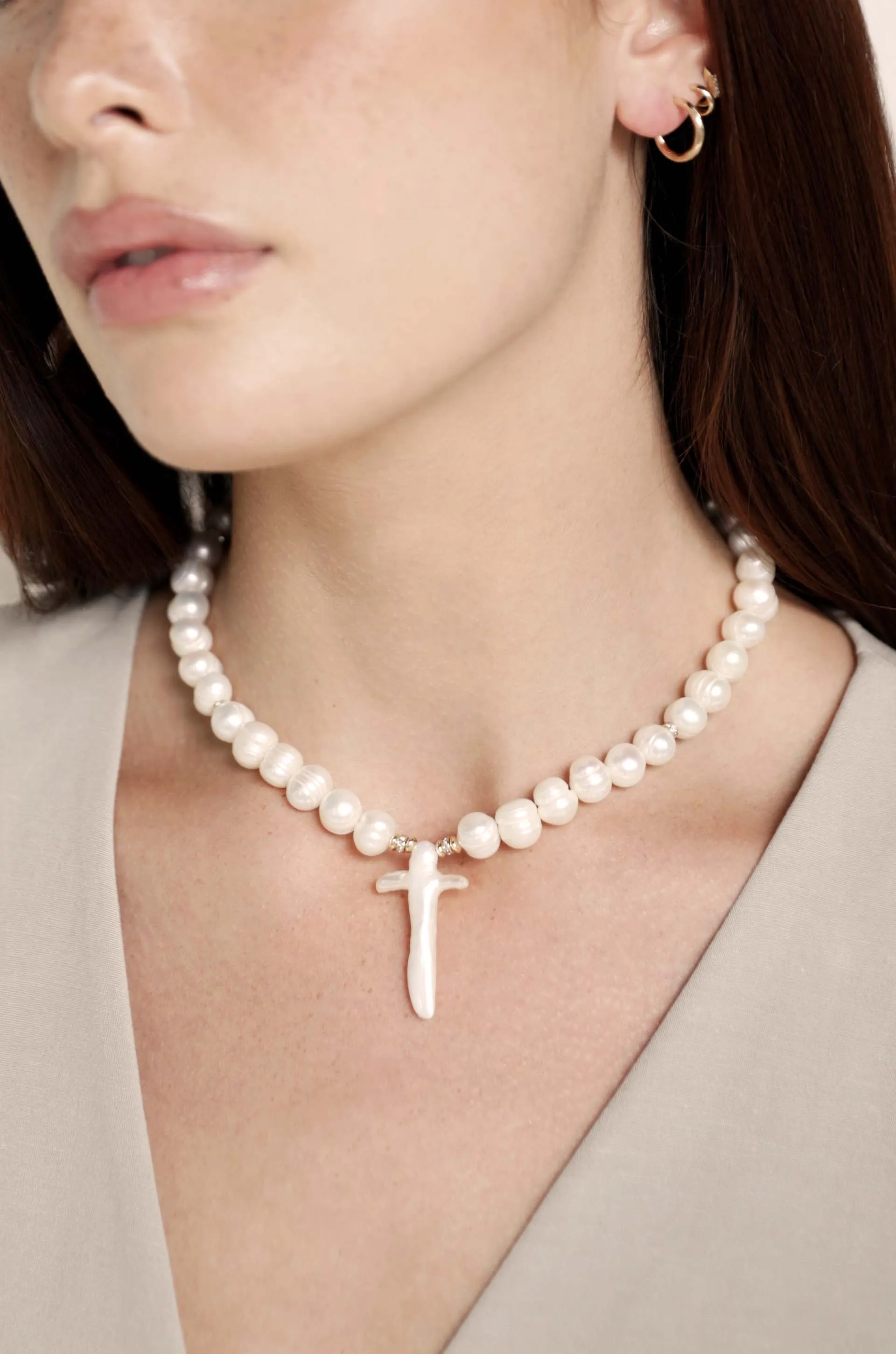 Organic Pearl Cross Necklace