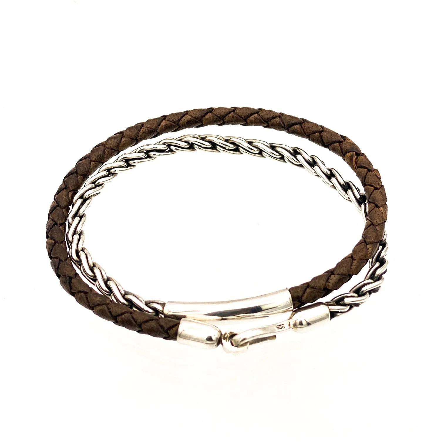 Silver Chain and Leather Bracelet