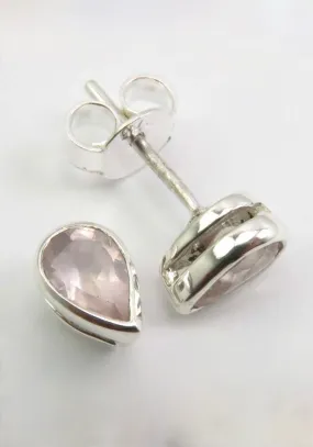 Solid Silver Rose Quartz Tear-Drop Stud Earrings