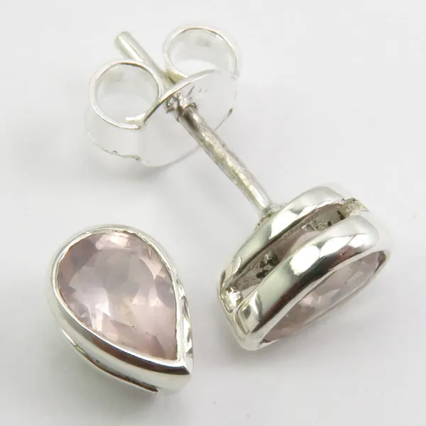 Solid Silver Rose Quartz Tear-Drop Stud Earrings