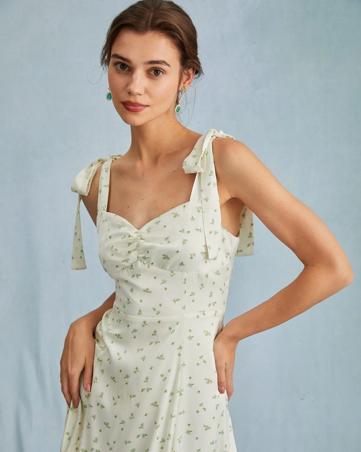 The Light Green Satin Floral Tie Strap Slit Midi Dress