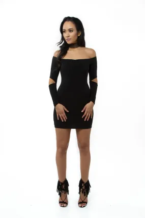 THE MYSTYLEMODE BLACK DOUBLE LINED OFF THE SHOULDER ELBOW CUT OUT MINI DRESS