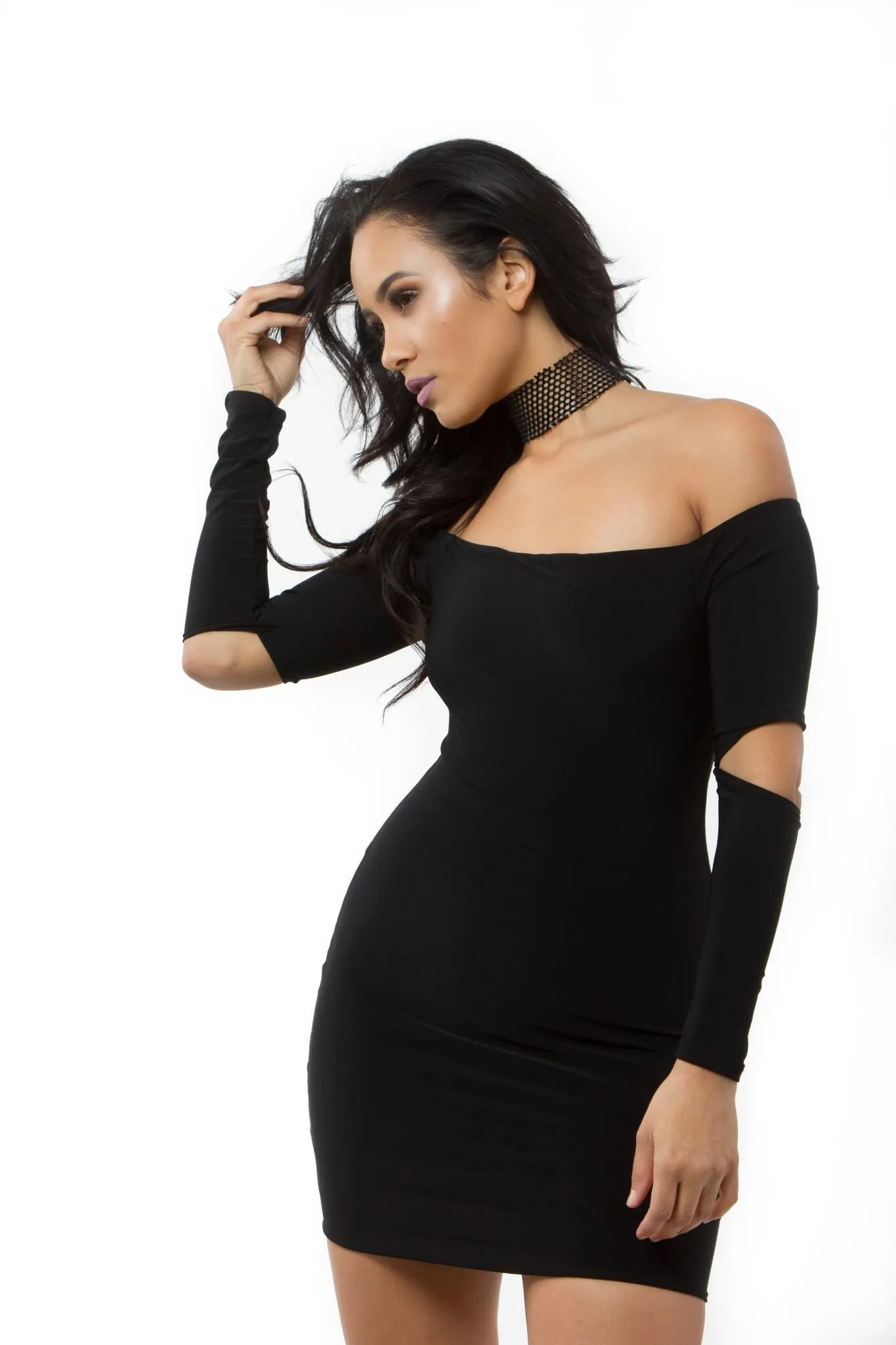 THE MYSTYLEMODE BLACK DOUBLE LINED OFF THE SHOULDER ELBOW CUT OUT MINI DRESS