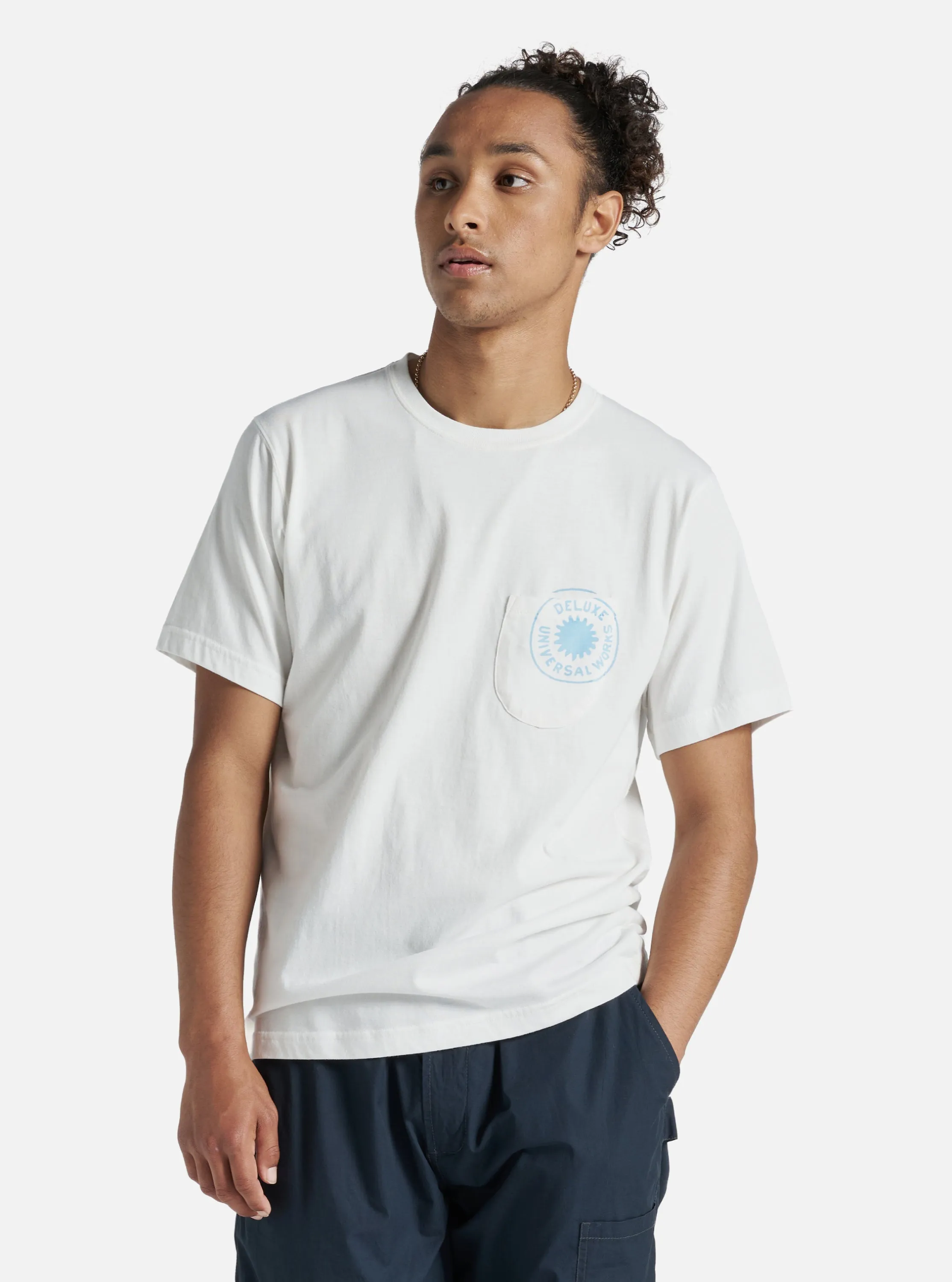 Universal Works Print Pocket Tee in Ecru Single Jersey Deluxe