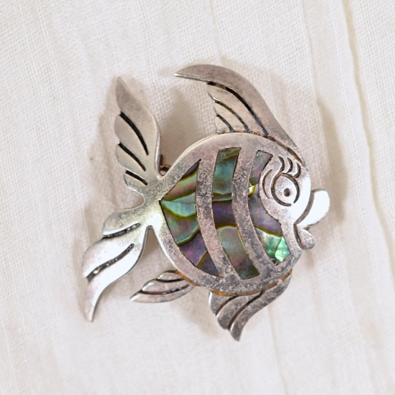 Vintage 40s Taxco Sterling Silver Abalone Fish Brooch Signed PC/Pedro Castillo 4.8 Grams