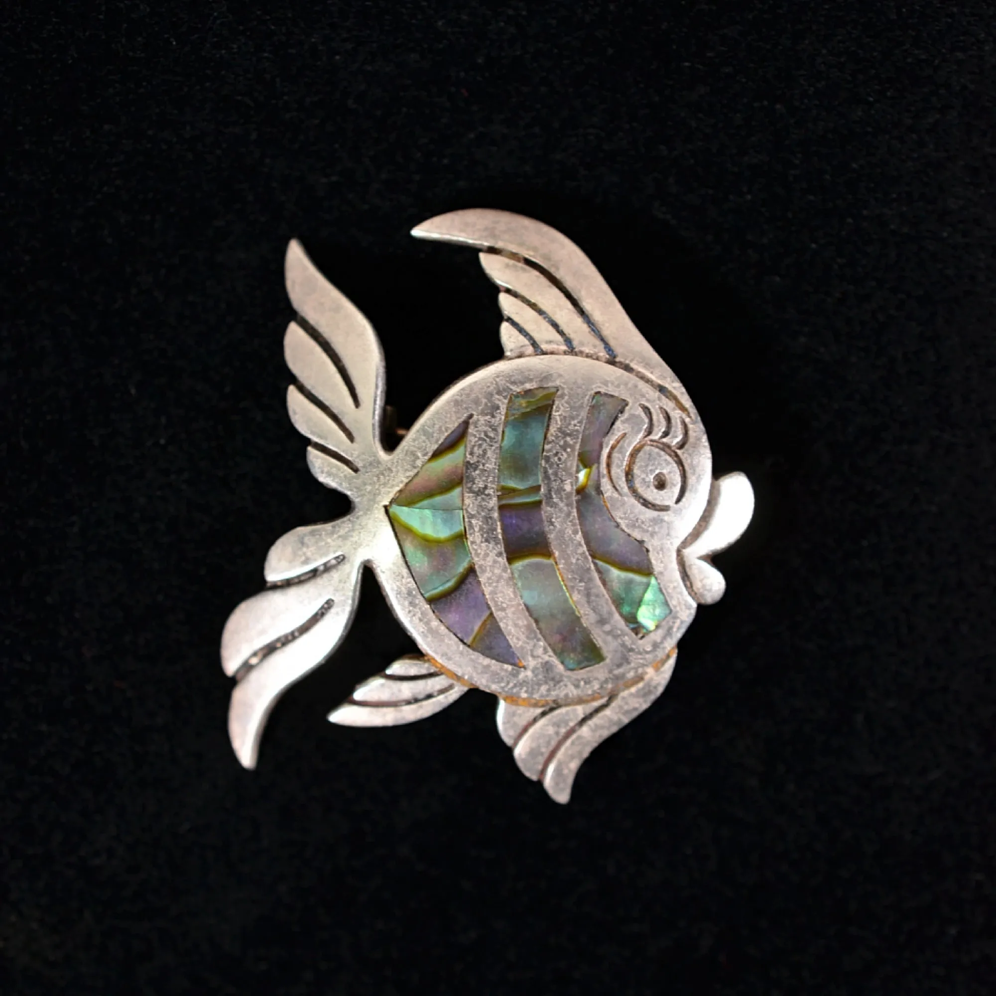 Vintage 40s Taxco Sterling Silver Abalone Fish Brooch Signed PC/Pedro Castillo 4.8 Grams